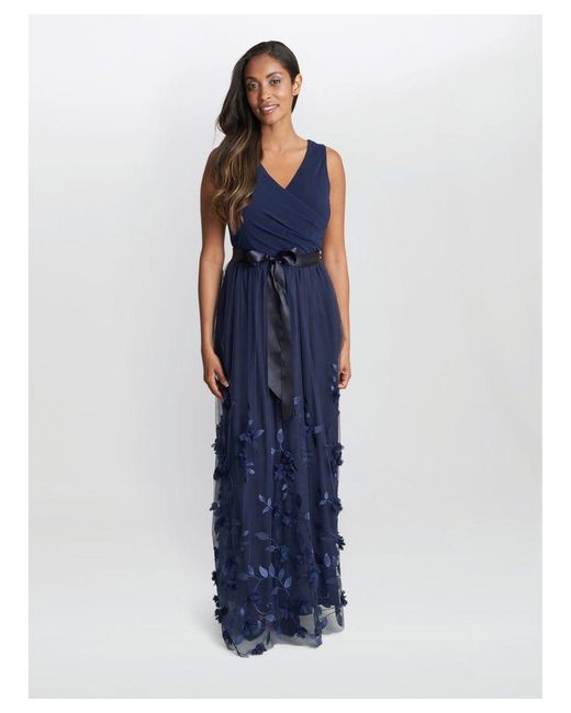 Gina Bacconi Blue Olyssia Long Sleeveless Dress With Surplice Neckline , 3D Floral Skirt