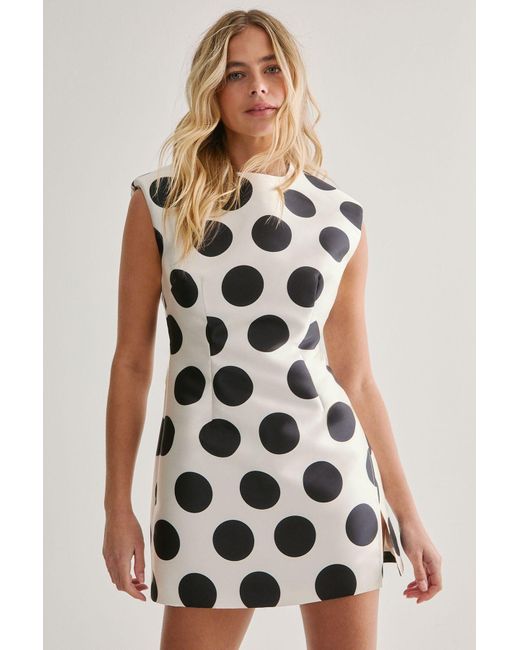 Nasty Gal White Polka Dot Structured Satin Shoulder Pad Split Mini Dress