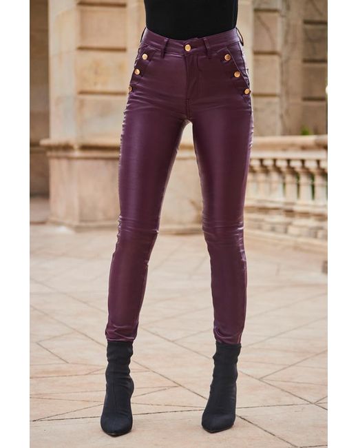 Sosandar Pink Wine Button Detail Coated Skinny Jeans