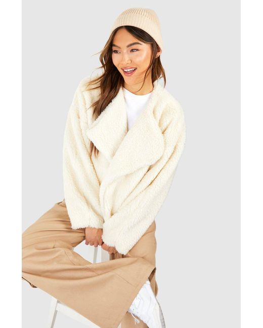 Boohoo Natural Teddy Waterfall Collar Coat