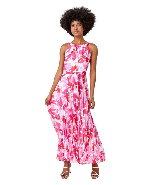 Roman Pink Floral Pleated Halter Neck Maxi Dress
