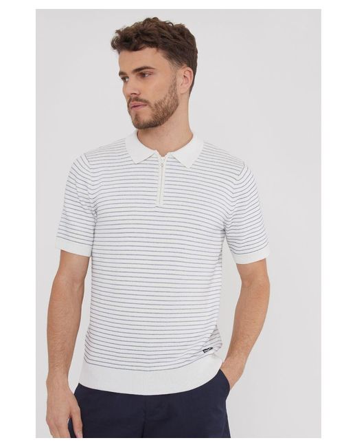 Threadbare White 'Massie' Textured Stripe Quarter Zip Short Sleeve Knitted Polo for men