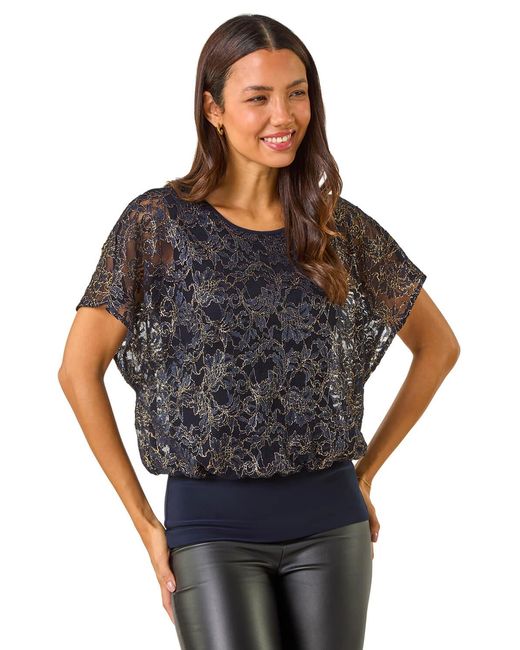 Roman Black Metallic Lace Bubble Hem Top