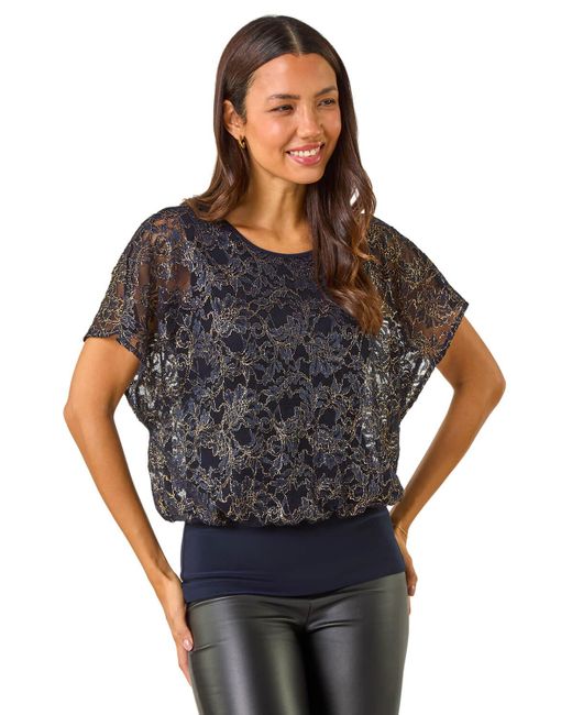Roman Black Metallic Lace Bubble Hem Top