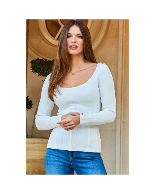 Sosandar Blue Rib Detail Knitted Top Nylon