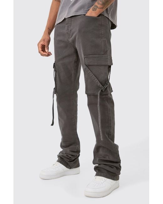BoohooMAN Gray Tall Fixed Waist Slim Stacked Flare Strap Cargo Pants for men