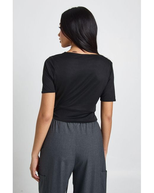 Boohoo Black Supersoft Cut Out Tie Drape Short Sleeve Top