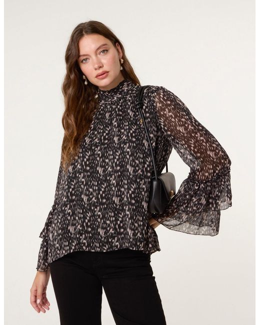 Blue Vanilla Brown Frill Sleeve Blouse