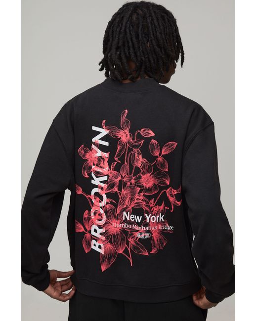 BoohooMAN Black Oversized Boxy Brooklyn Floral Print Extended Neck Sweatshirt Cotton for men