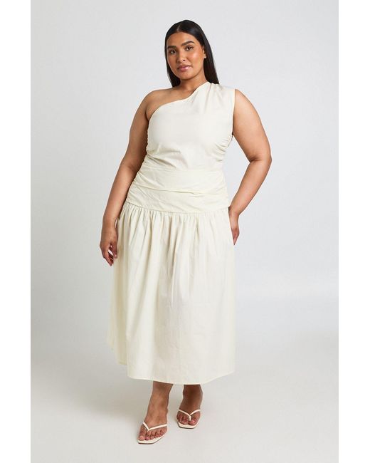 Boohoo Natural Plus Cotton Poplin One Shoulder Ruched Midaxi Dress