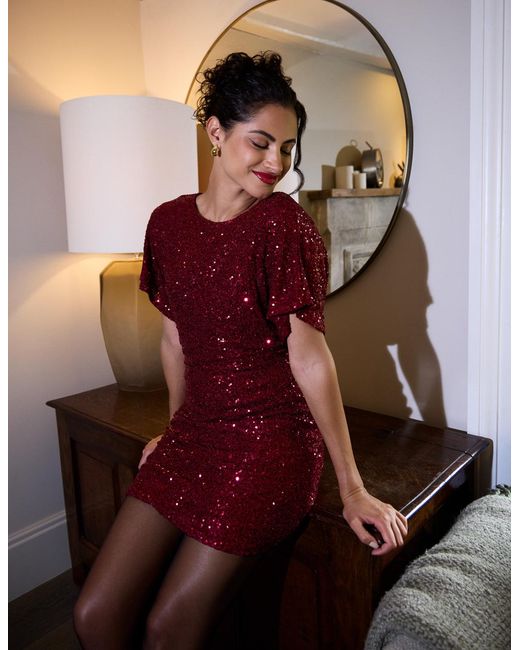 Blue Vanilla Red Satin Bow Back Sequin Dress