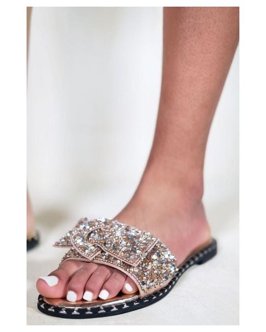lorna Wide Fit Diamante Bow Flat Sliders With Stud Details In Rose Gold
