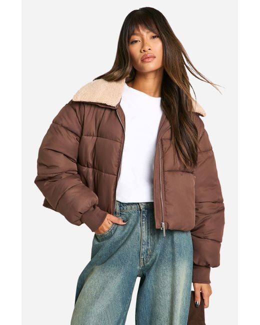 Boohoo Brown Teddy Trim Collar Puffer Jacket
