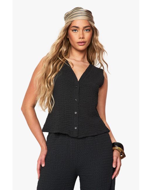 Boohoo Black Textured Button Through Sleeveless Top
