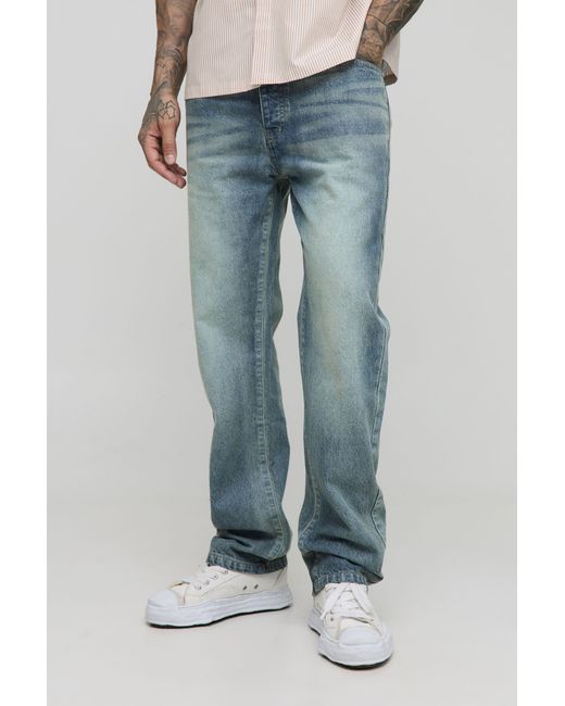 BoohooMAN Blue Tall Straight Leg Extreme Washed Woven Tab Jeans for men