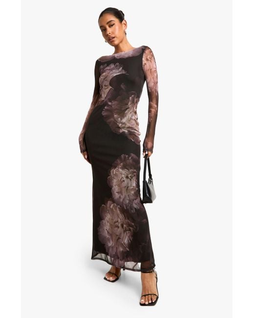 Boohoo Black Floral Long Sleeve Mesh Maxi Dress