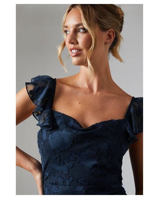 Oasis Blue Floral Detail Fabric Ruche Front Bridesmaids Dress