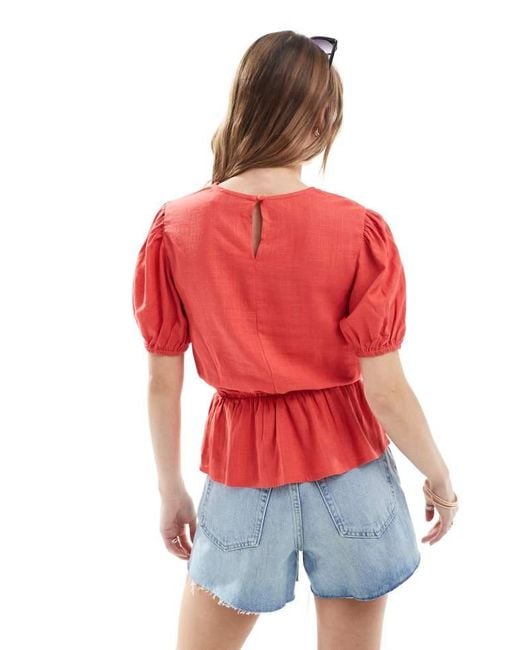 ASOS Red Linen Blend Peplum Top With Puff Sleeve
