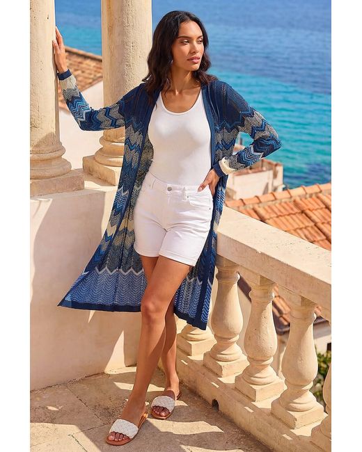 Roman Blue Wave Chevron Longline Knit Cardigan