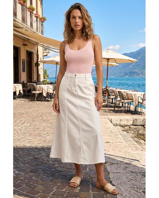 Roman Blue Cotton Denim Panelled Midi Skirt