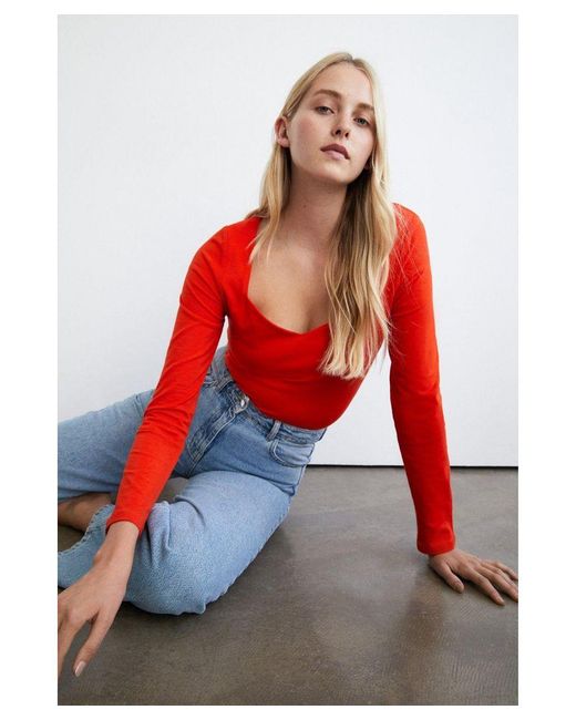 Warehouse Red Clean Cotton Sweetheart Neck Long Sleeve Top