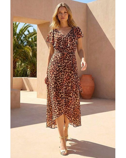Roman Natural Animal Print Wrap Chiffon Midi Dress