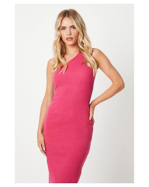 Oasis Pink Petite Rib Asymmetric Bodycon Maxi Dress