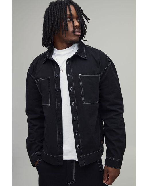 BoohooMAN Blue Tall Regular Fit Contrast Stitch Twill Boxy Overshirt for men