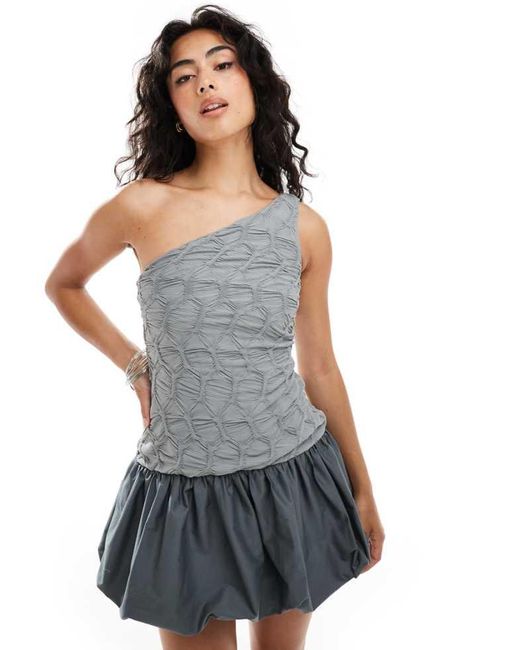 ASOS Gray One Shoulder Hybrid Puffball Mini Dress With Textured Rib Top