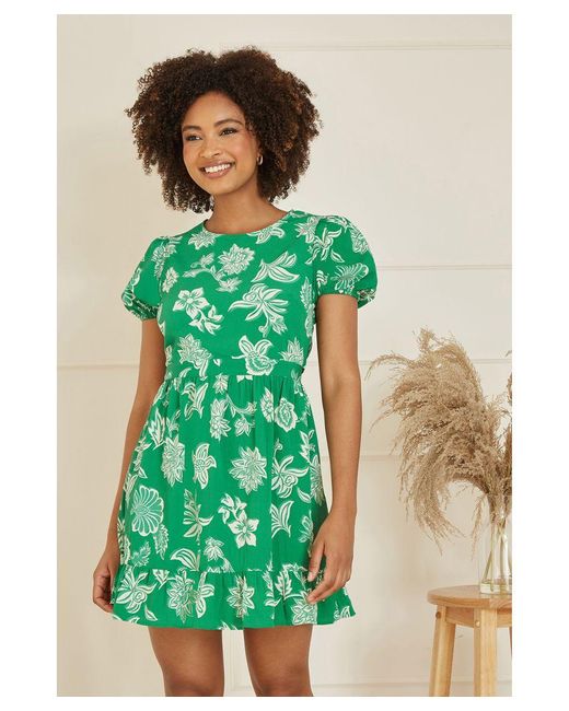 Mela London Green Floral Print Skater Dress With Back Tie