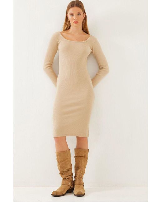 Bianco Lucci Natural Textured Ribbed Midi Dress With Square Collar