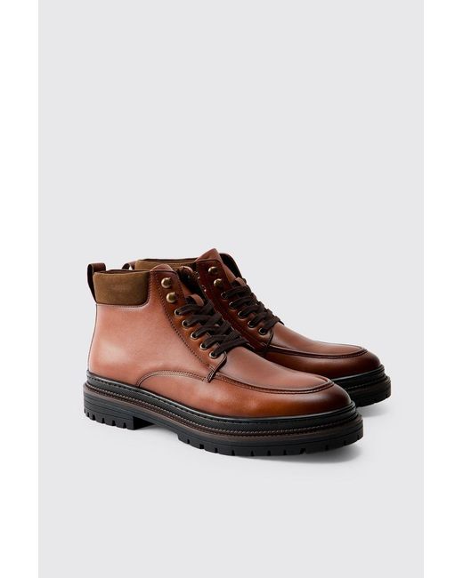 BoohooMAN Brown Washed Pu Hiking Style Boot for men