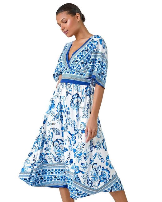 Roman Blue Floral Border Print Pocket Midi Dress