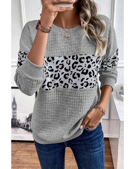 Azura Exchange Gray Leopard Quilted Patchwork Crew Neck Sweatshirt