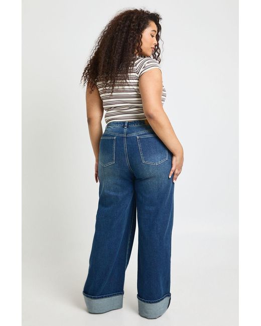 Boohoo Blue Plus Turn Up High Waist Wide Leg Jean