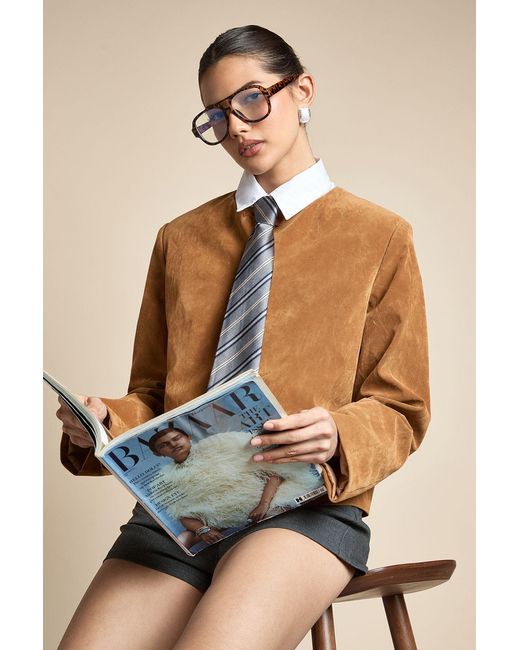 Boohoo Blue Faux Suede Round Neck Boxy Blazer