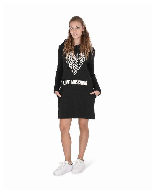 Love Moschino Black Leopard Heart Hoodie Dress Long Sleeve