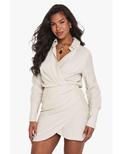Boohoo Natural Collared Wrap Shirt Dress