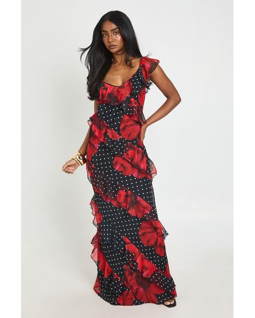 Boohoo Red Chiffon Ruffle Floral Polka Dot Maxi Dress