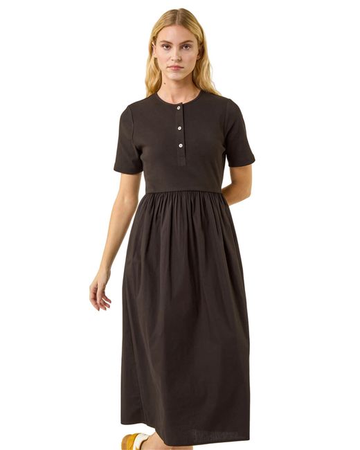 Roman Black Buttoned Pocket Stretch Midi Dress