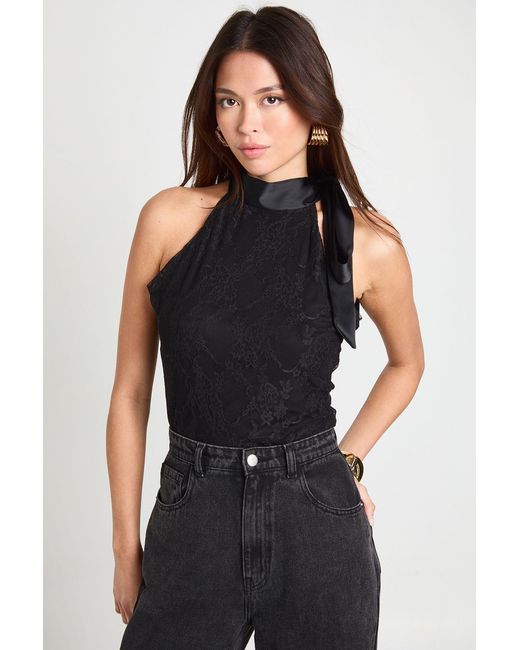 Boohoo Black Lace Satin Bow Detail High Neck Bodysuit