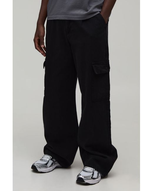 BoohooMAN Black Wide Fit Half & Waistband Cargo Pocket Washed Twill Trouser for men