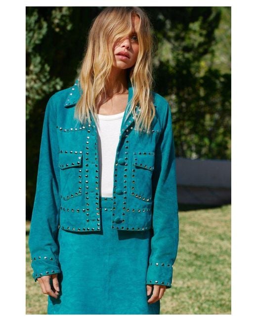 Warehouse Green Real Suede Studded Cropped Jacket