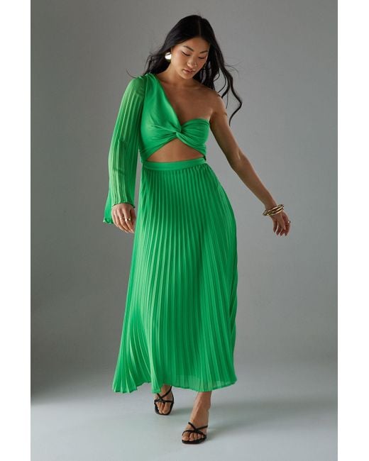 Warehouse Green Petite Chiffon Pleated One Shoulder Cut Out Midi Dress