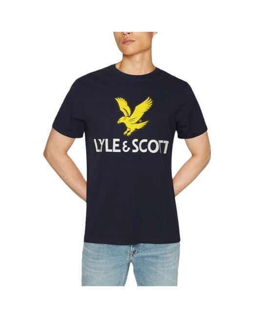 Lyle & Scott Blue Graphic T Shirts Short Sleeve Glitch Printed Summer Cotton Tee for men