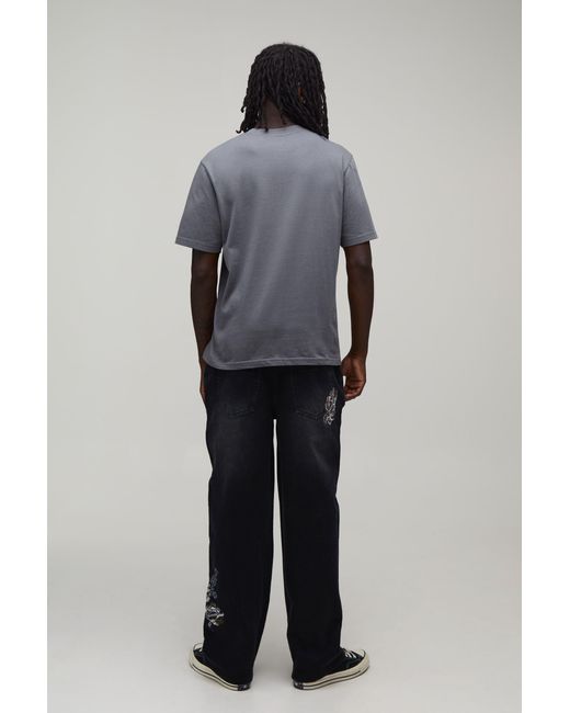 BoohooMAN Black Mono Floral Relaxed Fit Jeans for men