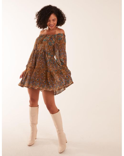 Blue Vanilla Brown Bardot Neck Mini Trapeze Dress