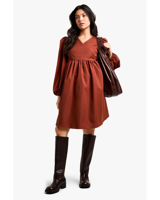 Boohoo Red Maternity Woven Long Sleeve Wrap Smock Dress