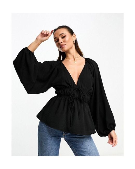 ASOS Black Long Sleeve V Neck Top With Kimono And Tie Front