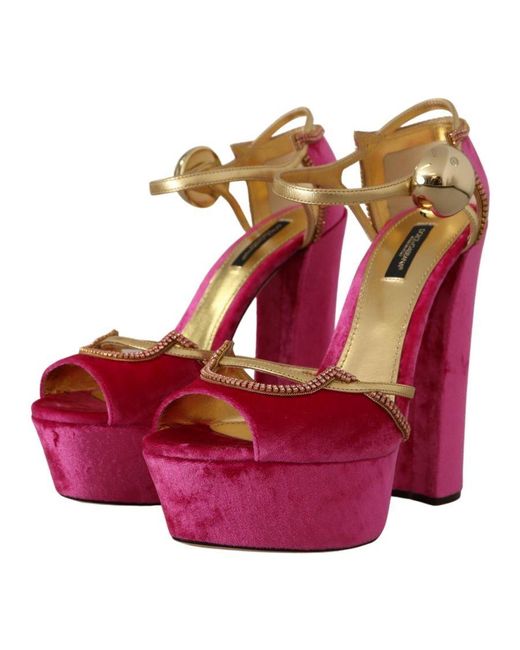 Dolce & Gabbana Pink Velvet Crystal Ankle Strap Sandals Shoes Viscose